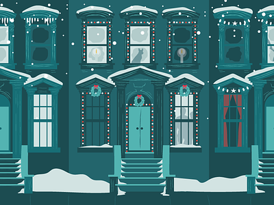 Brownstones in the Snow brownstone building city home house illustration night nyc quaint snow urban