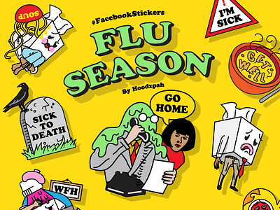 Flu Season Feature Image Final Dribbble character cold cough facebook flu hoodzpah illustration sneeze soup stickers tissue tombstone