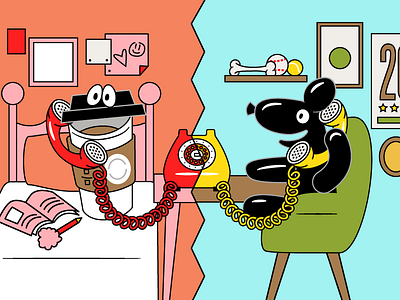 Skip "Contact Us" Spot Illustration cartoon characters chat coffee contact dog illustration phone room talk