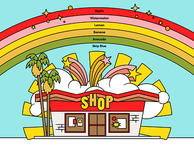 Skip color palette color illustration magic market palette palm rainbow shop sparkle star store trees