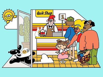 Skip Checkout Illustration - Skip the Line! balloon cartoon dog food groceries illustration mart people retro shop sun