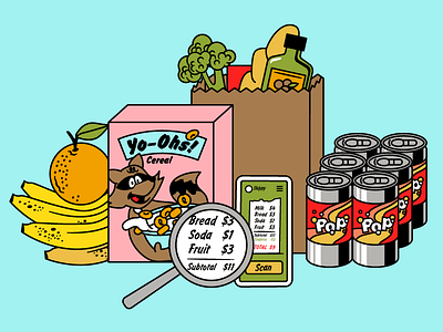 Skip Checkout Illustration - See Your Bill banana beer cartoon cereal characters coke food groceries illustration soda