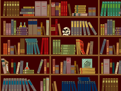 Bookshelves in the Study beaker books bookshelves illustration illustrator library room scene skull vector