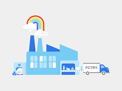 FCTRY assembly line brooklyn clouds conveyor belt factory idea ideas product design products rainbows smokestack truck