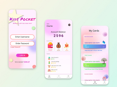 Kids Bank App app banking branding colors creative design glassmorphism gradients illustration kids kids banking app neumorphism ui ux