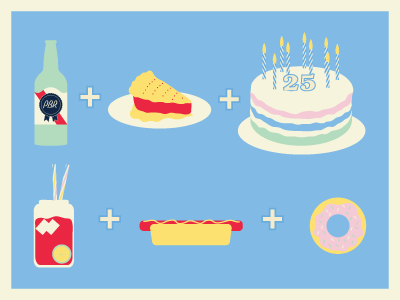 Party time! birthday cake doughnut hot dog lemonade pabst blue ribbon pie