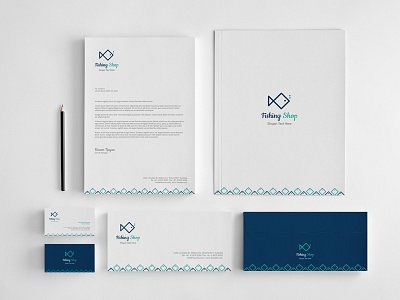 FishingShop Stationery blue brand business cards envelops fishing folderfish gray letterhead logo shop simple vector