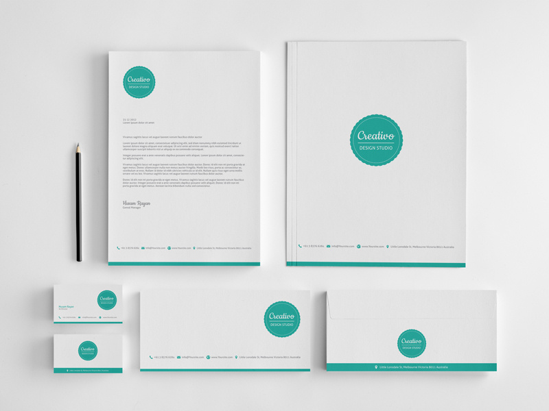 Creativo Stationery brand logo business cards letterhead envelops folder stationery green