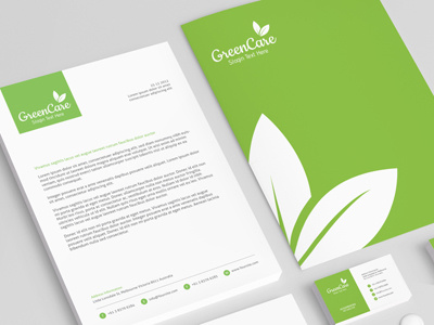 Greencare Stationery business cards care envelops green identity letterhead stationery white