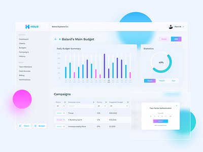 HOLO: Marketing Platform - First Concept budget charts client dashboard dashboard design economics glasmorphism manager marketing statistics