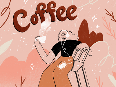 Coffee is the cafe cafe character character design coffee cup girl headphones illustration music