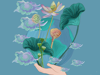 mother earth blue clouds colorful digital illustration earth flower flowers illustration lotus flower lotus seeds mothers day world