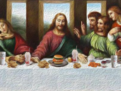 My pleasure brownies chick fil a chicken sandwich gay hotdog jesus judas iscariot love milkshakes oil paint filter painting photoshop the last supper waffle fries yogurt