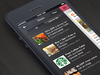 Deals back buttons filter interface ios iphone menu navigation slide menu tabs texture ui