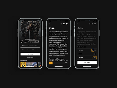 #64/100 Bookworm redesign app book books concept dark feedback flat game of thrones got innovative interaction design ios iphone x rate read redesign share