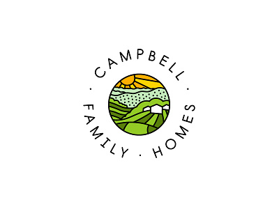 Campbell Family Homes brand identity green hills illustration landscape logo organic farming pictorial logo sun yellow
