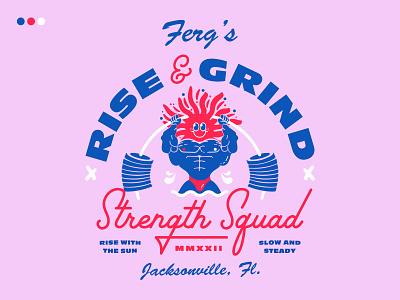 Rise & Grind 2022 active badge blue design grind gym illustration jacksonville lifestyle purple red rise sun vector weightlifting white workout
