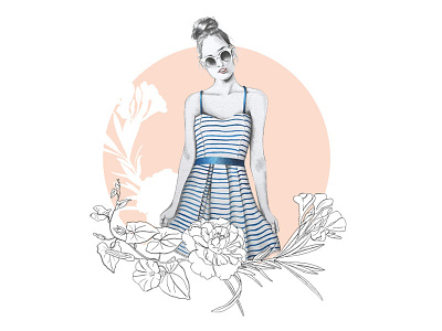 Fashion illustration black and white blue dress fashion girl graphite illustration pink sunglasses watercolor