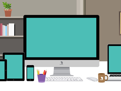 Designer Desk with Responsive Web and Branding Mockup design designer desk graphic illustration imac ipad iphone laptop macbook mockup pro retina screen shelve vector