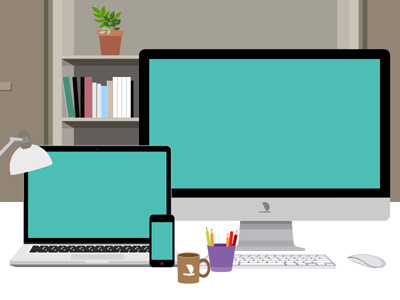 Designer Desk branding designer desk flat illustration ipad iphone mockup mug screen shelve vector