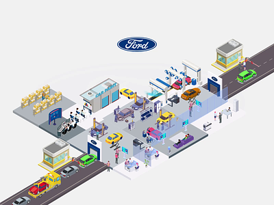 Garage process illustration and animation for Ford animated gif animation branding car paint car wash cars design designagency designstudio ford graphic design illustration isometric logo motion graphics repair services tyre ui vector