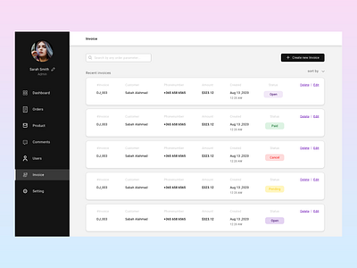 Invoice list admin dashboard e commerce invoice list ui