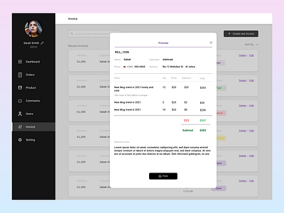 Preview Invoice admin dashboard design e commerce invoice preview ui