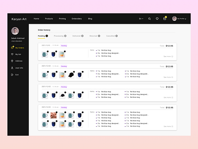 My Account Order History Page dashboard design e commerce list my order profile ui