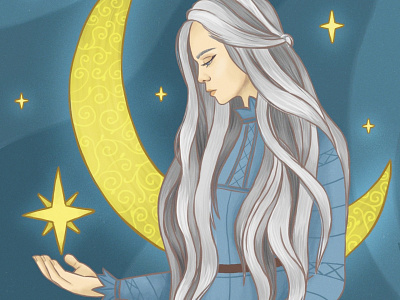 Gray-hair girl with a star art book cartoon crescent design dress girl gray hair illustration magic medieval moon night procreate sky space star story witch