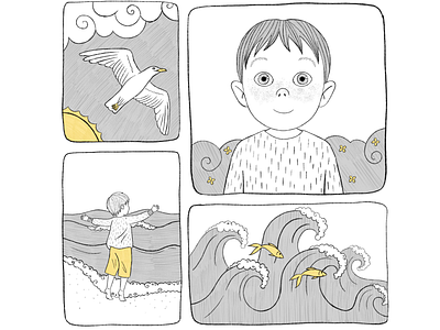 Illustrations of a boy at the sea art background book cartoon design grey illustration kid procreate sea sketch storyboard vignette