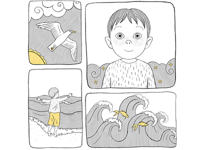 Illustrations of a boy at the sea