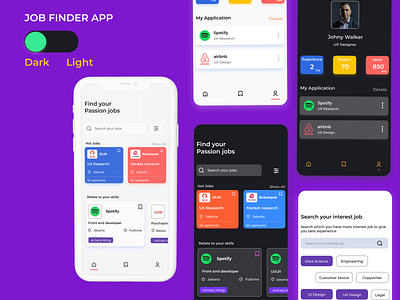 Job finder apps dark theme job application job finder job listing light theme mobile app design ui kits