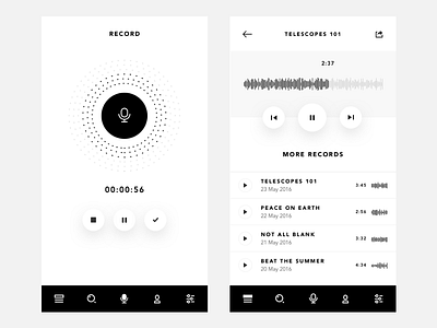 Black/White Record App app black pause play record shadow space ui white