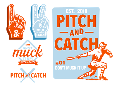 Pitch & Catch Creative Explore 2dillustration badge badge design badgelogo baseball branding foam finger icon illustration logo vector