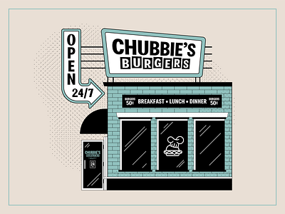 Chubbies Burgers building burger design diner font illustration open retro vector