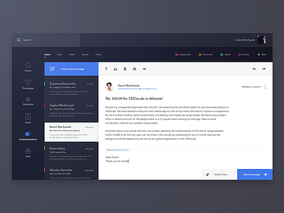 Email App - dark theme 10clouds app bachanek email inbox kamil messages web
