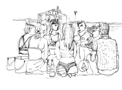 Sketch drawing of rest young people on the beach art artwork beach boys coast drawing drinks girl hand drawn illustration line near river near sea people poster print simple sketch young youth
