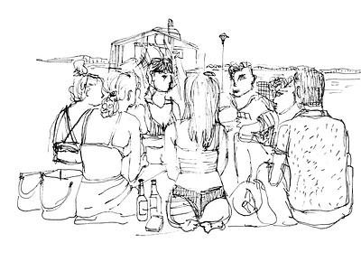 Sketch drawing of rest young people on the beach