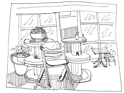 Sketch drawing of outside restaurant in the old town art artwork backyard cafe chairs design drawing graphic design illustration interior line outside poster print restaurant sketch tables terrace
