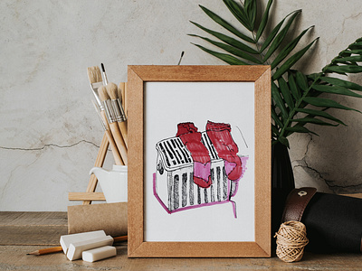 Hand drawn sketch with red socks on the radiator