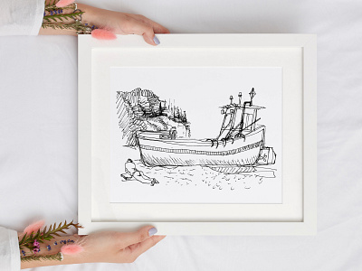 Sketch line drawing of old ship at the sea