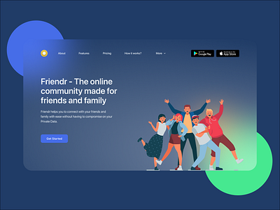 Friendr - Online Community Landing Page blur community dribbble flat design glass glassmorphism glassy hero illustration landing minimal modern nepal social network