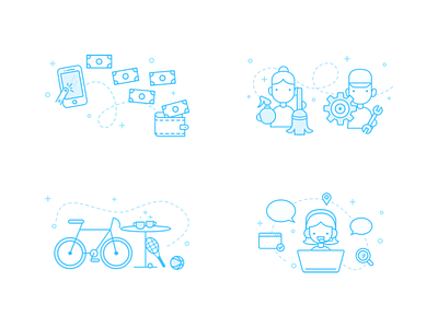 Feature illustrations bicycle chat customer feature icon illustration maintain mobile money search service web