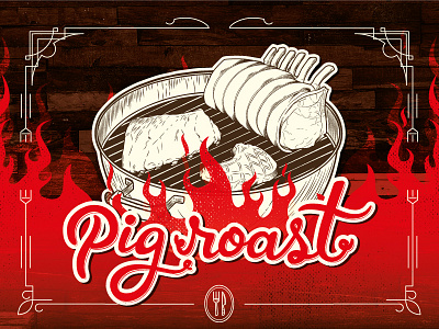 Pigroast bbq fire flames handmade illustration lettering meat pig roasted southern vectors wood