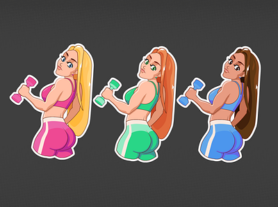 Fitness girls blonde brunette dumbbell fitness girls illustraion redhead sport sticker stikers telegram