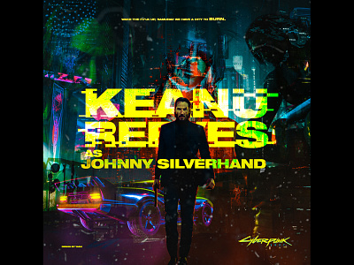 keanu reeves as Johnny Silverhand cyber cyberpunk glitch glitch effect keanu reeves neon light photoshop manipulation pink poster smoke effect yellow
