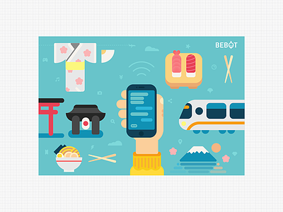 Bebot Postcard V1.0 flat flyer illustration japan kimono postcard print ramen sushi teal tokyo