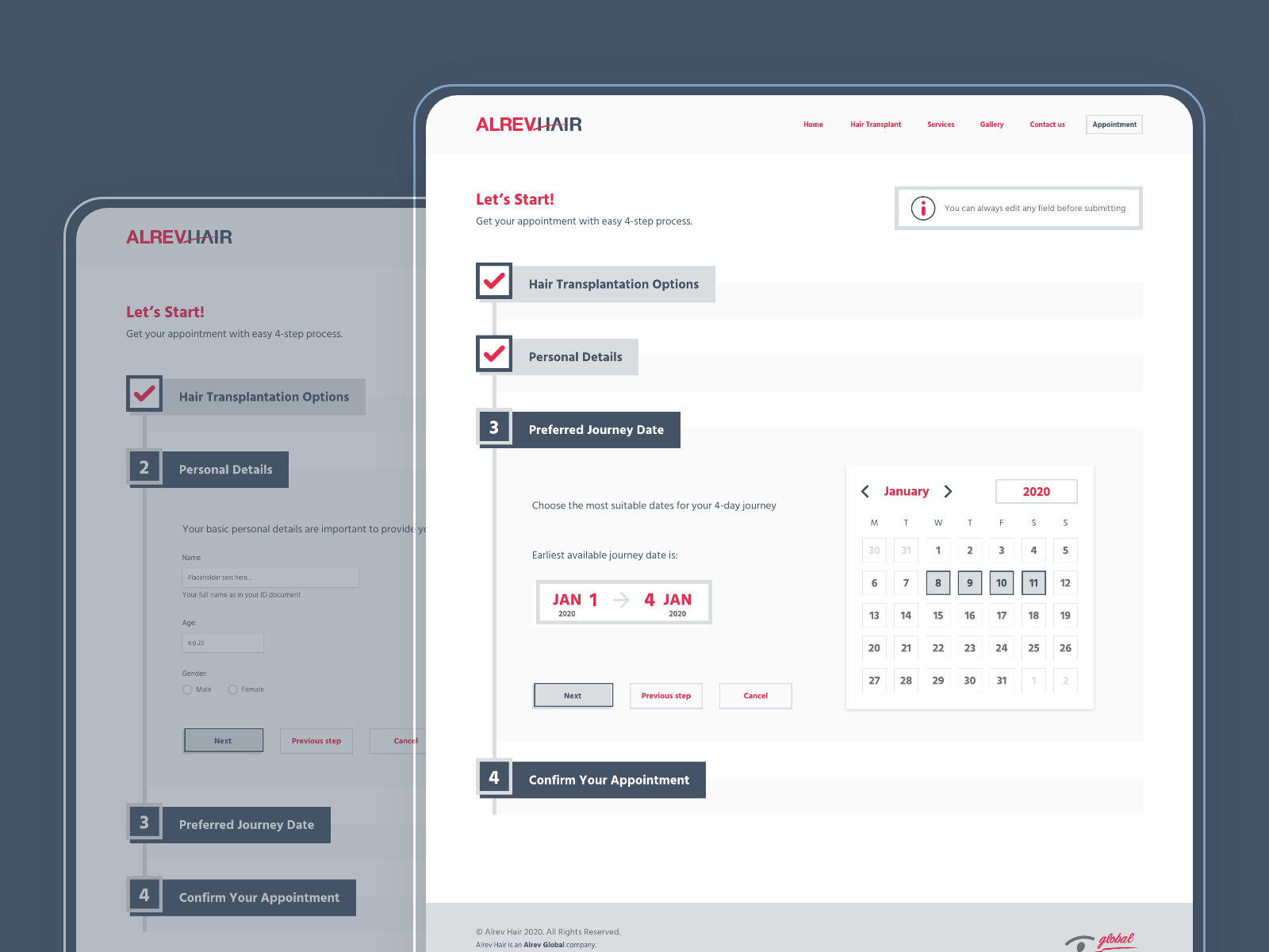 Multi-step form wizard UI with collapsible tabs for appointments by