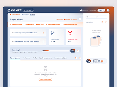 Community Energy Access Planning - Dashboard - Empty State access branding comet dashboad design empty state energy gamification icons illustration interaction minimal planning progress bar sidebar tabs tool ui ux widgets
