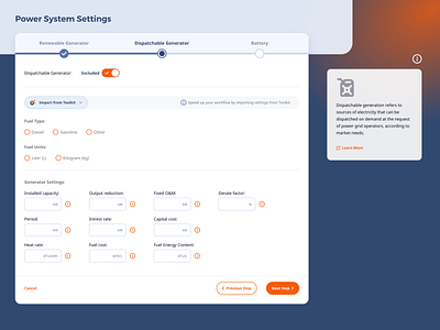 Multi-step form UI - Power System Settings